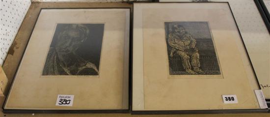 Pair signed etchings